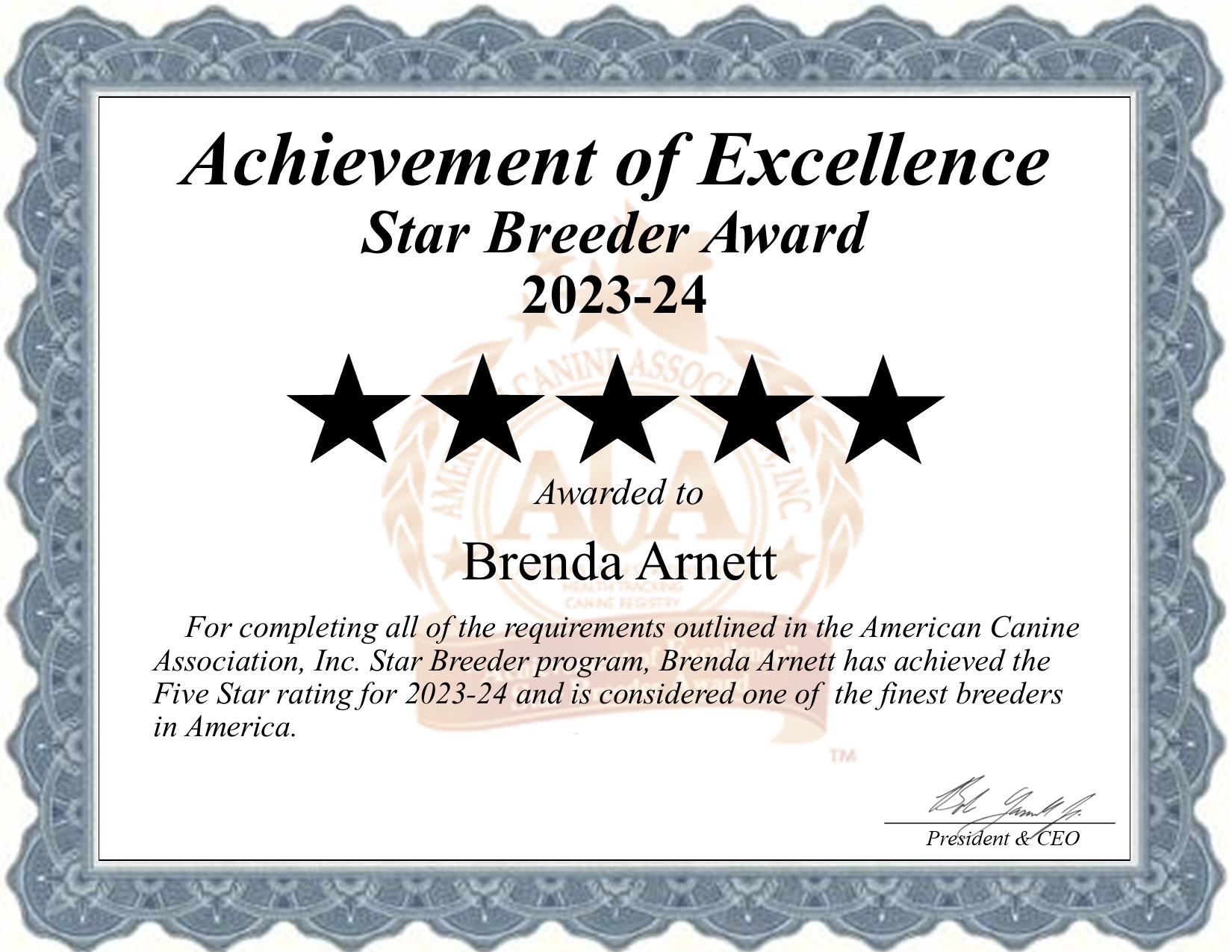 Brenda, Arnett, dog, breeder, star, certificate, Brenda-Arnett, Edwards, MO, Missouri, puppy, dog, kennels, mill, puppymill, usda, 5-star, aca, ica, registered, Australian-Shepherd, 43-A-4793